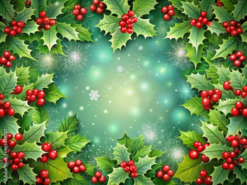 Vibrant green holly leaves and bright red berries swirl around a festive Christmas border, adorned with intricate details and snowflakes, evoking winter wonderland magic. photo