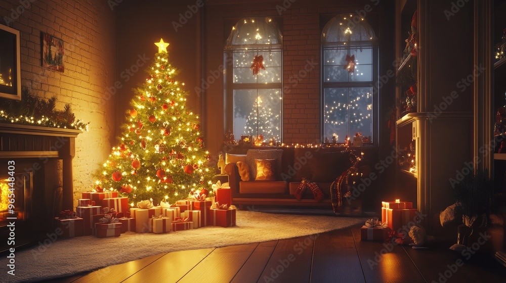 custom made wallpaper toronto digitalA cozy living room with a glowing Christmas tree and gifts underneath, creating a festive holiday atmosphere