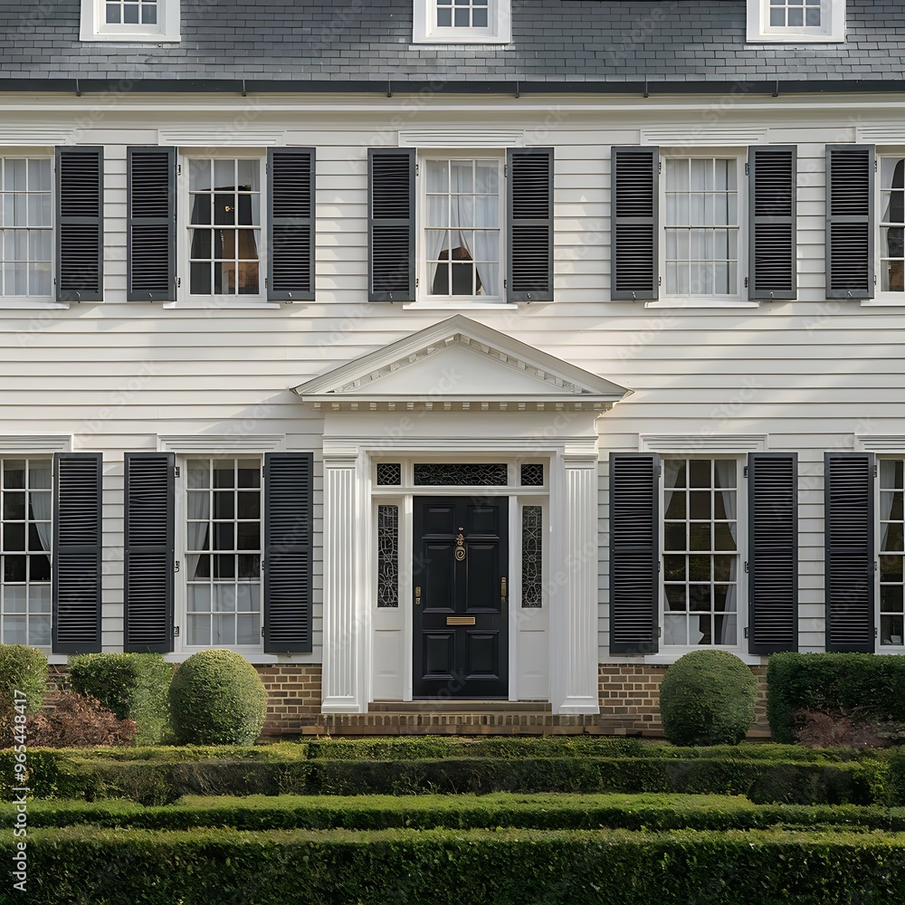 Create a front view of a classic colonial-style home with symmetrical windows, central front door with a pediment, and white siding. The house should have traditional brick or wood details and neatly Create a front view of a classic colonial-style home with symmetrical windows, central front door with a pediment, and white siding. The house should have traditional brick or wood details and neatly