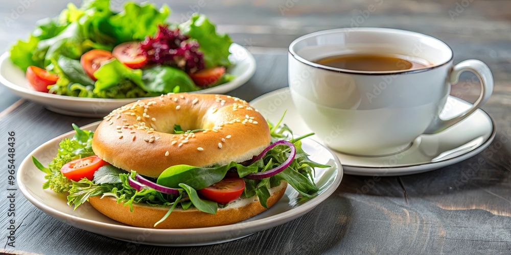 A plate with a freshly baked bagel, vibrant mixed greens salad, and a steaming cup of tea A plate with a freshly baked bagel, vibrant mixed greens salad, and a steaming cup of tea