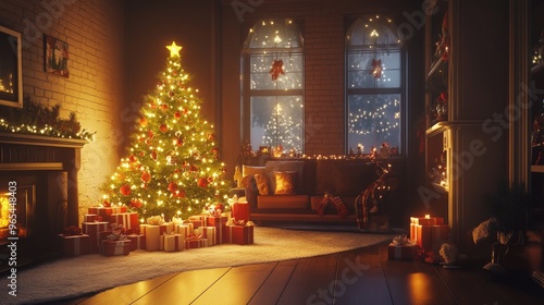 Wallpaper Mural A cozy living room with a glowing Christmas tree and gifts underneath, creating a festive holiday atmosphere Torontodigital.ca