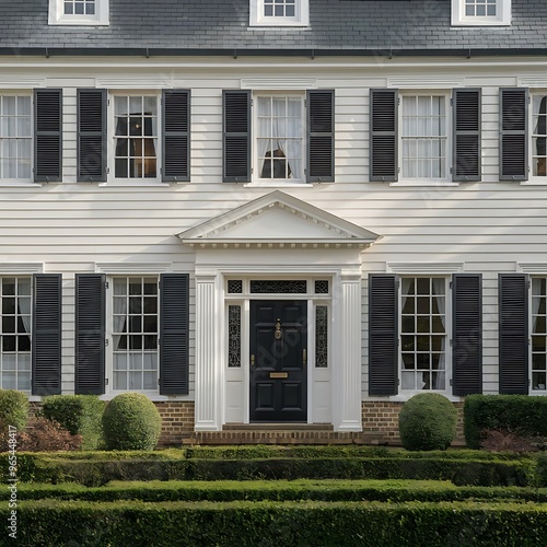 Create a front view of a classic colonial-style home with symmetrical windows, central front door with a pediment, and white siding. The house should have traditional brick or wood details and neatly