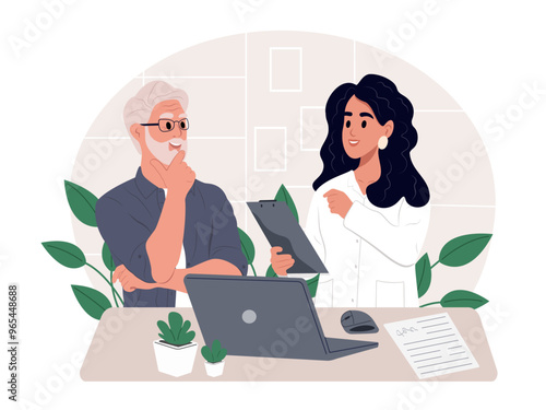 Nursing home. A doctor is talking to a patient. Vector flat illustration isolated on white background