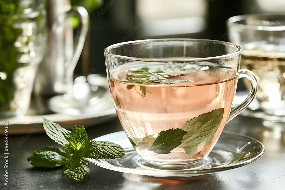 Refreshing mint tea in glass cup with fresh leaves on table Refreshing mint tea in glass cup with fresh leaves on table