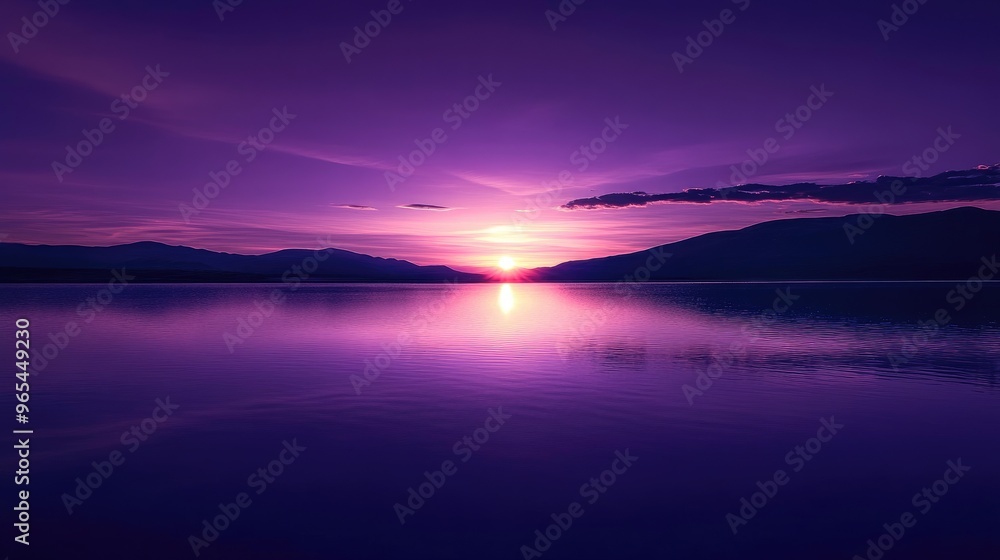A deep purple sunset casting its glow on a calm lake, creating a peaceful and reflective scene A deep purple sunset casting its glow on a calm lake, creating a peaceful and reflective scene