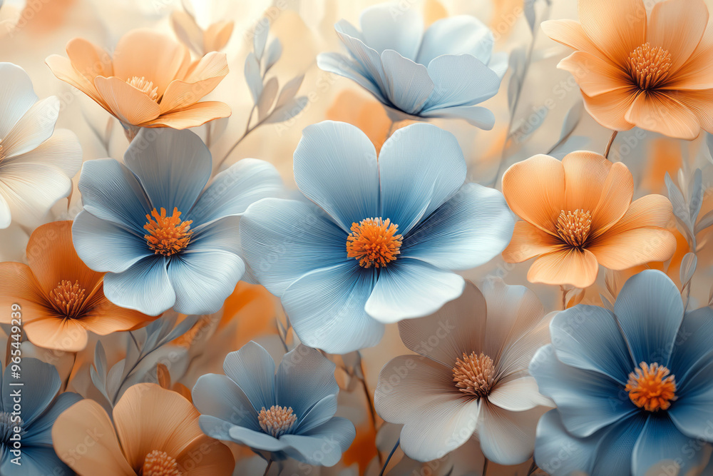 A collection of stylized daisy-like flowers with wavy, ruffled petals in soft pastel blue and orange, set against a pastel beige background, A collection of stylized daisy-like flowers with wavy, ruffled petals in soft pastel blue and orange, set against a pastel beige background,