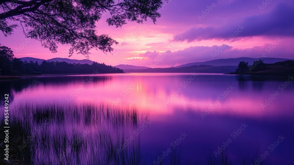 A deep purple sunset casting its glow on a calm lake, creating a peaceful and reflective scene A deep purple sunset casting its glow on a calm lake, creating a peaceful and reflective scene