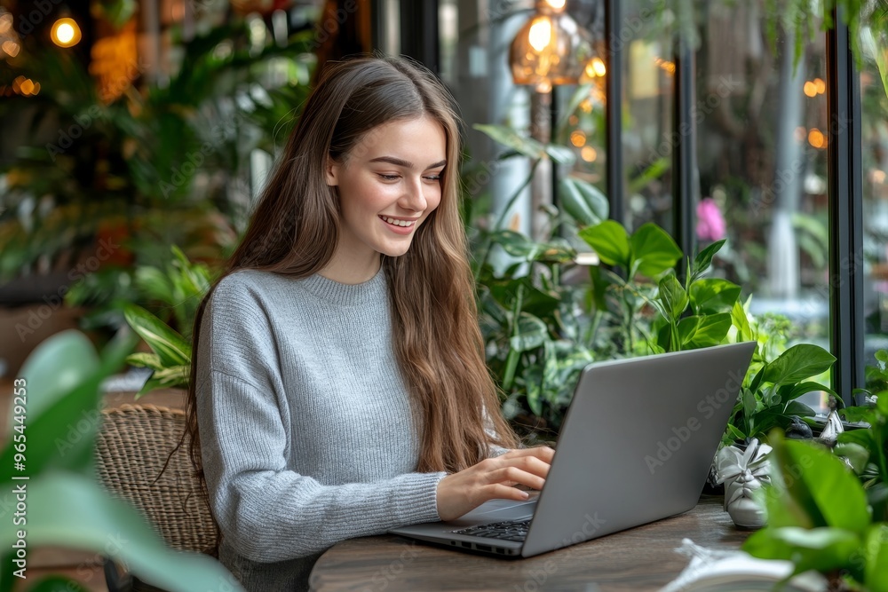 Smiling Young Woman Working Remotely on Laptop in Cozy Cafe, Enjoying Surrounding Greenery Smiling Young Woman Working Remotely on Laptop in Cozy Cafe, Enjoying Surrounding Greenery