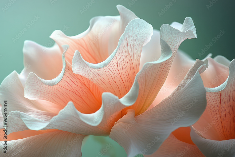 A collection of abstract wavy flowers with curling petals in pastel pink and cream, gently layered to create a dynamic composition, set against a pastel green background,