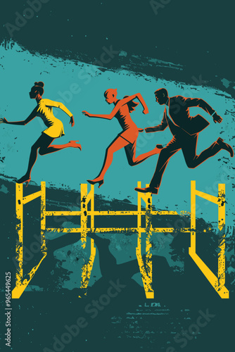 Businesspeople Jumping Over Hurdles, Overcoming Obstacles and Solving Problems in Competition