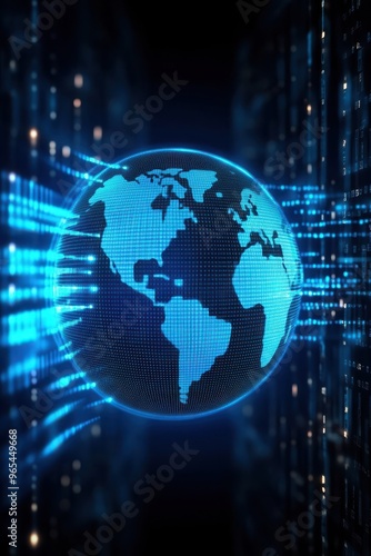 A futuristic globe illuminated in blue, depicting digital connectivity and the flow of information across the world.
