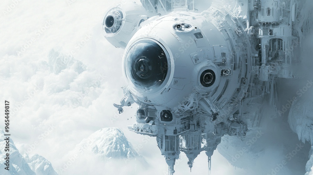 Futuristic Spaceship Hovering Over Snowy Mountains Futuristic Spaceship Hovering Over Snowy Mountains