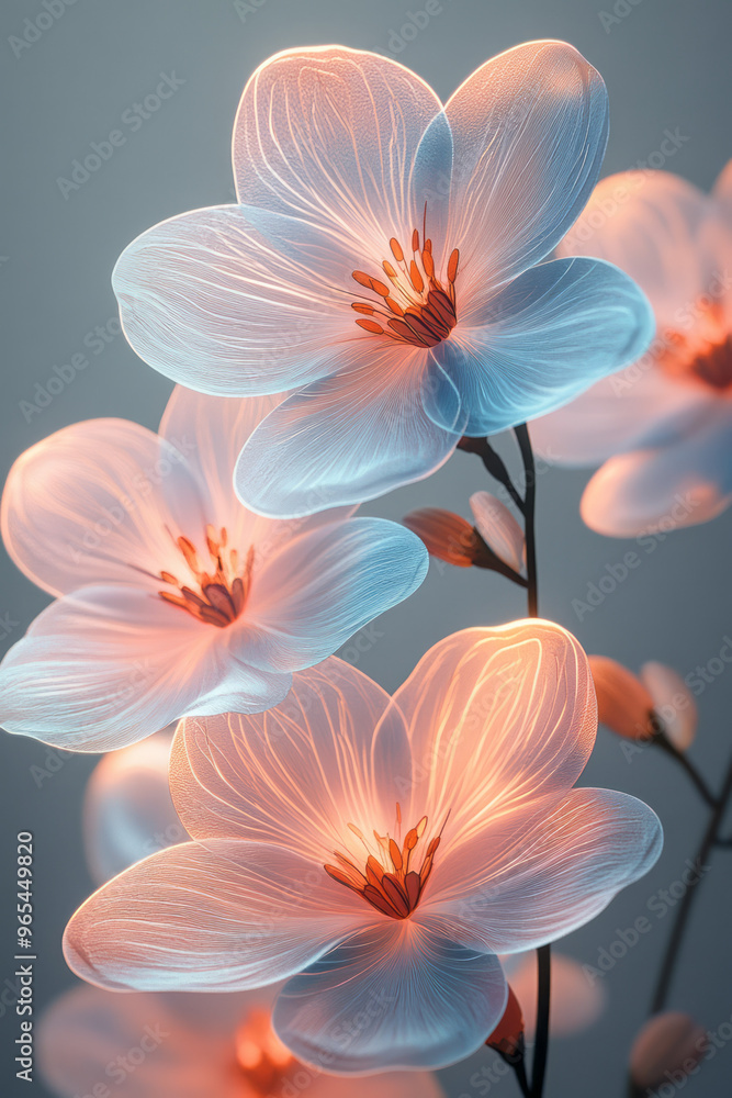 Obraz premium A collection of stylized, wavy flower heads with spiraling petals in pastel blue and soft white, gently overlapping to form a flowing composition, isolated on a pastel beige background,
