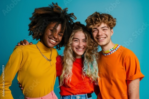 Group of three friends in bright, colorful clothes are smiling and standing close together against a solid blue background, exuding happiness and camaraderie.