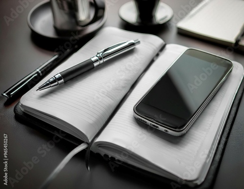 Office tools and gadgets symbolizing an assistant's role, featuring items like a notebook, pen, and smartphone, representing organization, support, and efficiency. photo