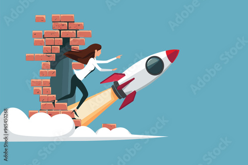 Businesswoman breaks through brick wall on rocket, overcoming obstacles and solving problems for new startup development