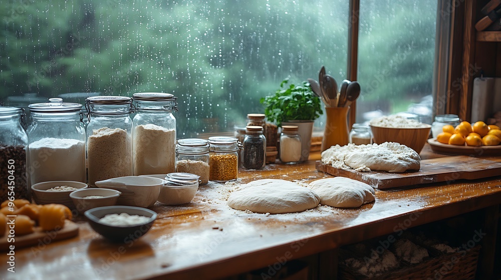 A rustic kitchen with a wooden countertop covered in baking ingredients, flour and dough. Raindrops trickle down the window, casting a calming effect on the scene as soft, A rustic kitchen with a wooden countertop covered in baking ingredients, flour and dough. Raindrops trickle down the window, casting a calming effect on the scene as soft,