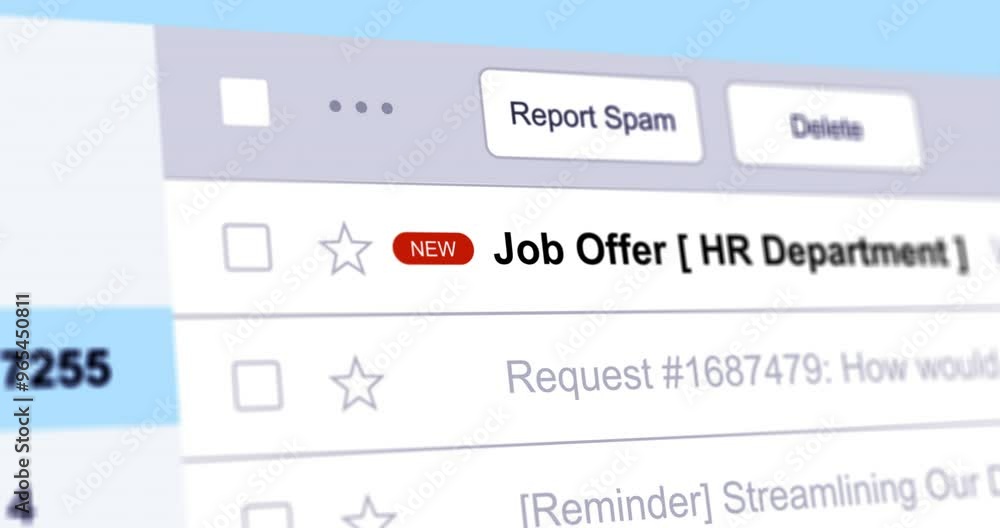 Incoming email with Job Offer , new e-mail in inbox folder with hire notification, webmail interface close up footage