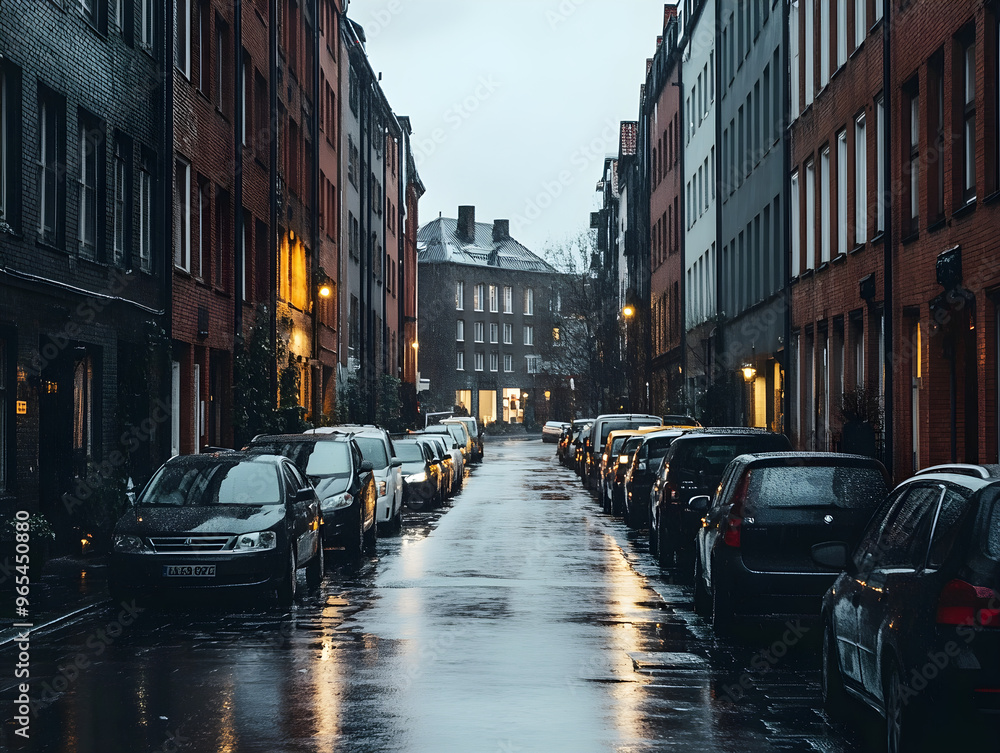 Fototapeta premium Serene Urban Street Scene with Cloudy Sky and Reflective Wet Pavement, Showcasing Parked Cars and Symmetrical Brick Facades - Ideal Visual for City Life, Rainy Days, and Urban Exploration Concepts