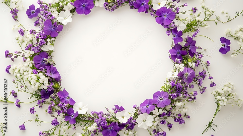 Sophisticated Circular Wreath of Purple and White Wildflowers on a Minimalist Background, Offering Ample Space for Custom Text for Invitations or Ads Sophisticated Circular Wreath of Purple and White Wildflowers on a Minimalist Background, Offering Ample Space for Custom Text for Invitations or Ads