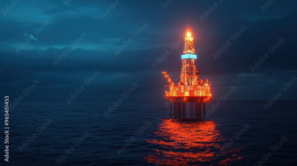 Obraz premium Futuristic Oil Rig with Glowing Holographic Energy Data in Dark Ocean -