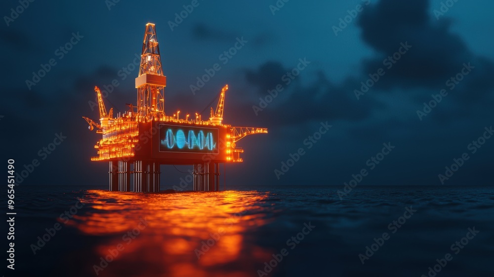Obraz premium Futuristic Oil Rig with Glowing Holographic Energy Data in Dark Ocean -
