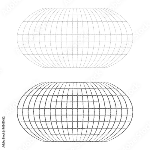 Simple stipple black blank world grid of meridians and parallels on a white background. Futuristic or retro halftone grain, pointillism style concept for presentation, or poster. Vector illustration