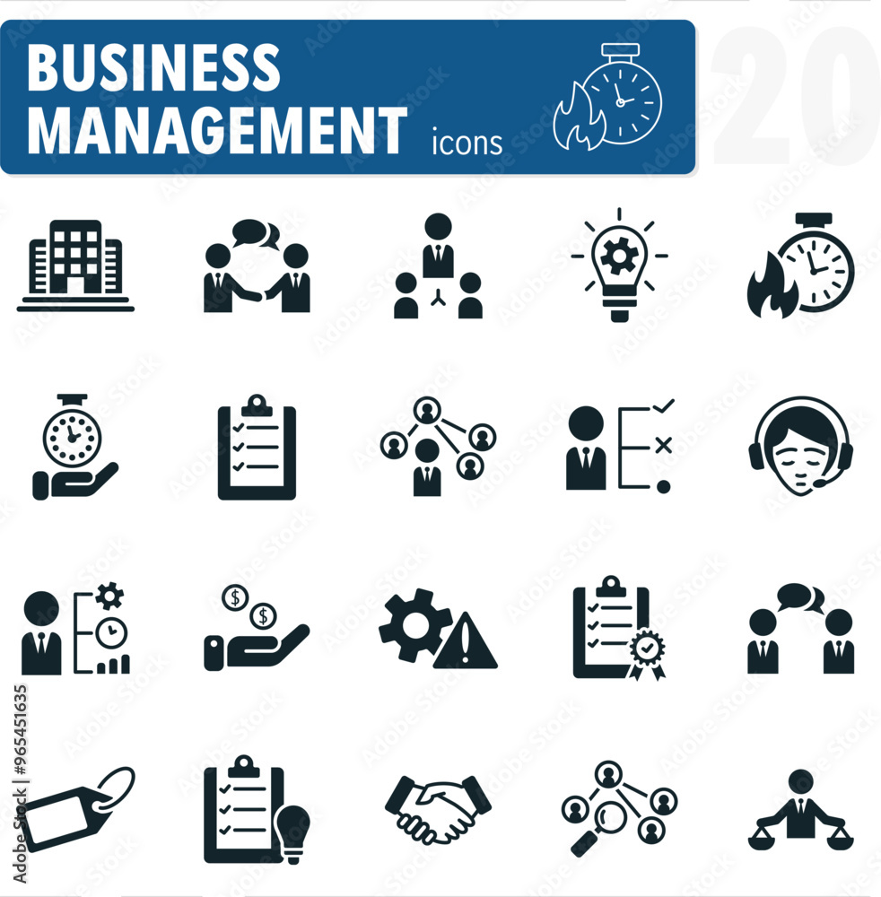 Business management icons showing planning, teamwork, and success