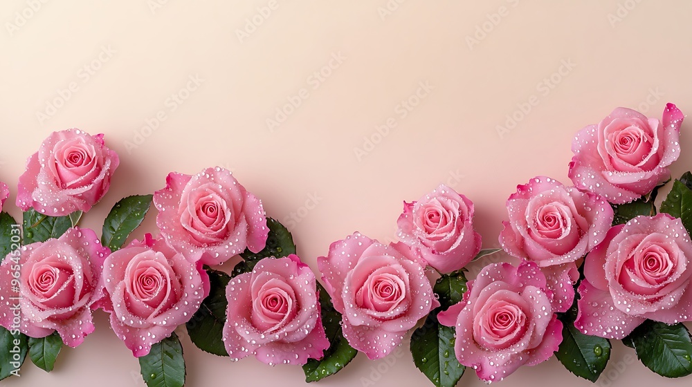 Fresh pink roses with dewdrops forming a single-sided border on a smooth pastel background, ideal for elegant and simple designs with text space. Fresh pink roses with dewdrops forming a single-sided border on a smooth pastel background, ideal for elegant and simple designs with text space.