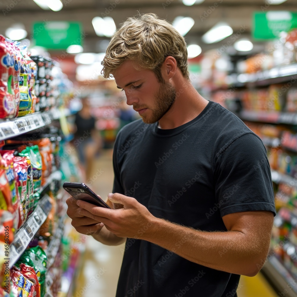 Young Man Using Smartphone While Grocery Shopping in Supermarket Aisle, Browsing for Deals Young Man Using Smartphone While Grocery Shopping in Supermarket Aisle, Browsing for Deals
