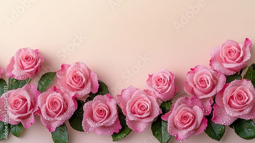 Fresh pink roses with dewdrops forming a single-sided border on a smooth pastel background, ideal for elegant and simple designs with text space.