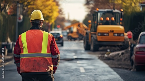 From behind, a road worker directs vehicles around a busy road repair site, with machinery and workers visible further down the road,