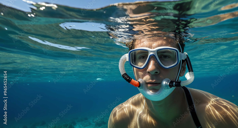 Fototapeta premium Calm White male snorkeling in clear blue ocean background