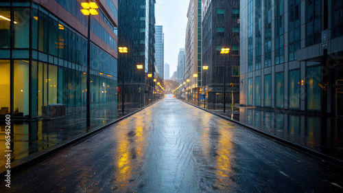 A photo of a city street during heavy rain. The street is flooded, and the raindrops are hitting the ground and the surrounding buildings. The buildings have a modern architecture photo