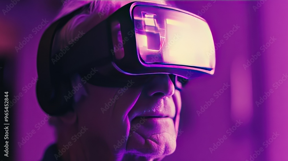 Senior man wearing VR headset experiencing immersive technology. Senior man wearing VR headset experiencing immersive technology.