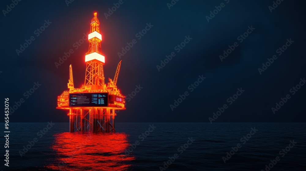 Fototapeta premium Futuristic Holographic Oil Rig Data Interface in Dark Ocean - with Copy Space and Selective Focus
