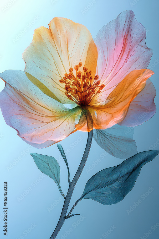 A single X-ray flower with multicolored petals in hues of yellow, green, and pink, revealing the intricate veining, isolated on a pastel blue background, A single X-ray flower with multicolored petals in hues of yellow, green, and pink, revealing the intricate veining, isolated on a pastel blue background,