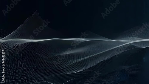 Abstract grey 3d computer fabric flowing in the empty black space with pixels. Floating electro magnetic signal simulation for tech corporative presentation or promo clip.
