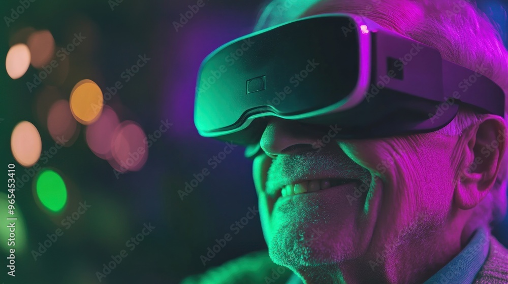 A senior man wearing VR headset smiles while experiencing a virtual reality experience. A senior man wearing VR headset smiles while experiencing a virtual reality experience.