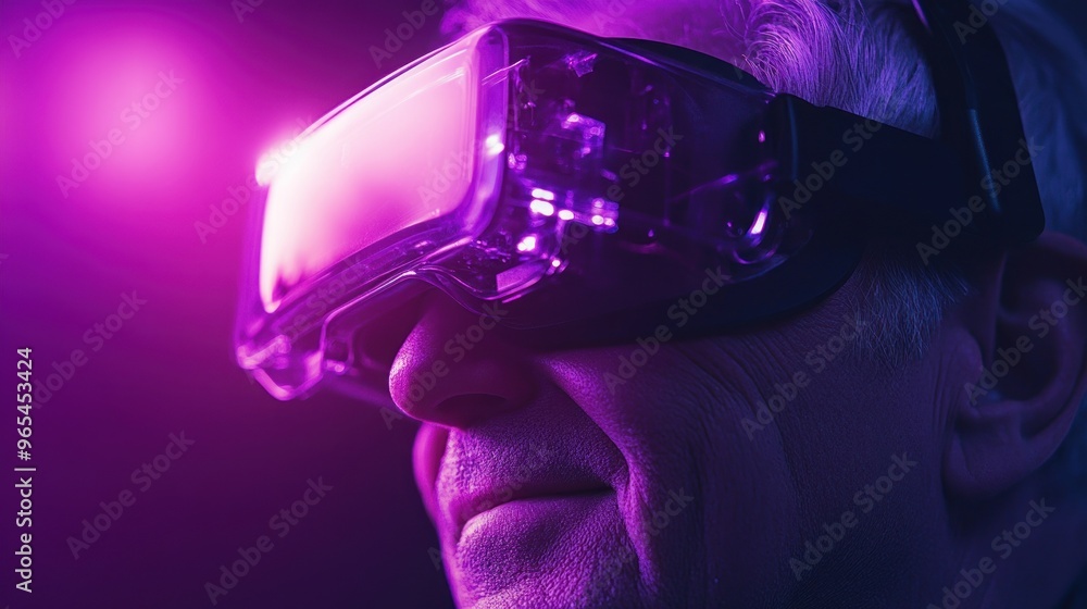 Close-up of a senior man wearing a virtual reality headset, illuminated by pink light. Close-up of a senior man wearing a virtual reality headset, illuminated by pink light.