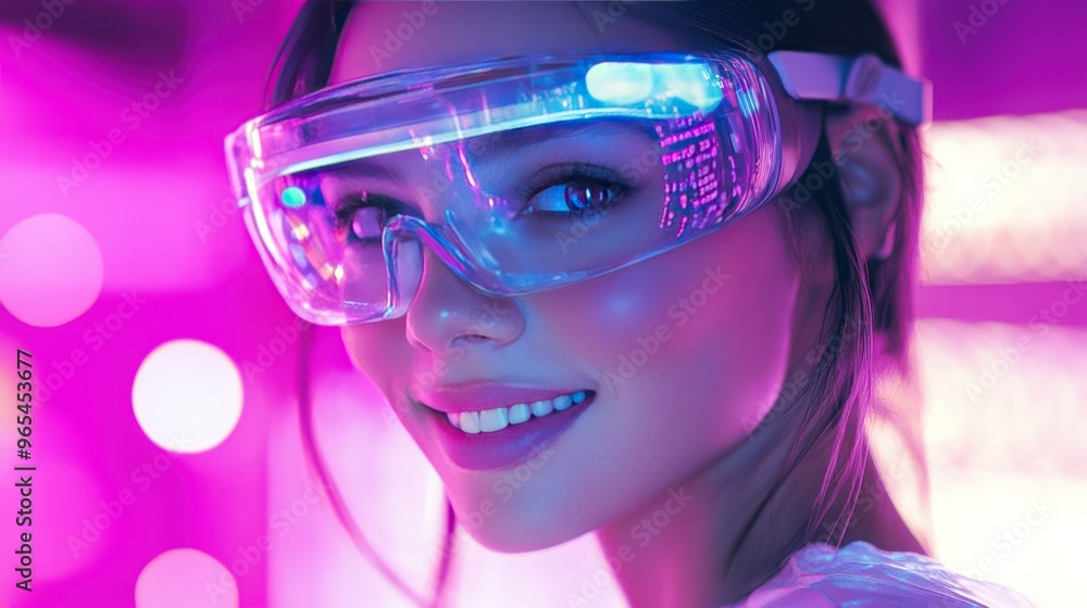 A young woman wearing futuristic glasses with a digital city reflected in the lenses, looks at the camera with a smile. She is illuminated by pink and blue lights. A young woman wearing futuristic glasses with a digital city reflected in the lenses, looks at the camera with a smile. She is illuminated by pink and blue lights.