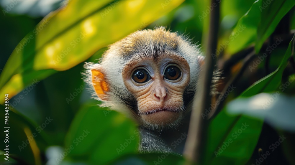 Obraz premium An adorable monkey gazes curiously through the jungle foliage.
