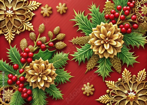 Vibrant seasonal illustration of festive snowflakes, pinecones, and holly on a crimson background, adorned with golden filigree, for a nostalgic holiday booklet cover design. photo