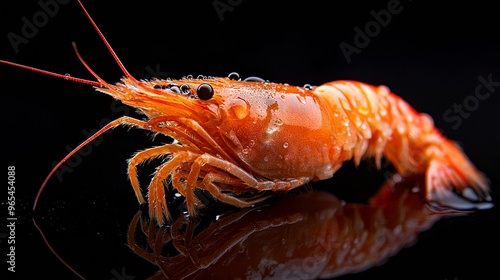 Photograph of fresh shrimp with water droplets on a black background,