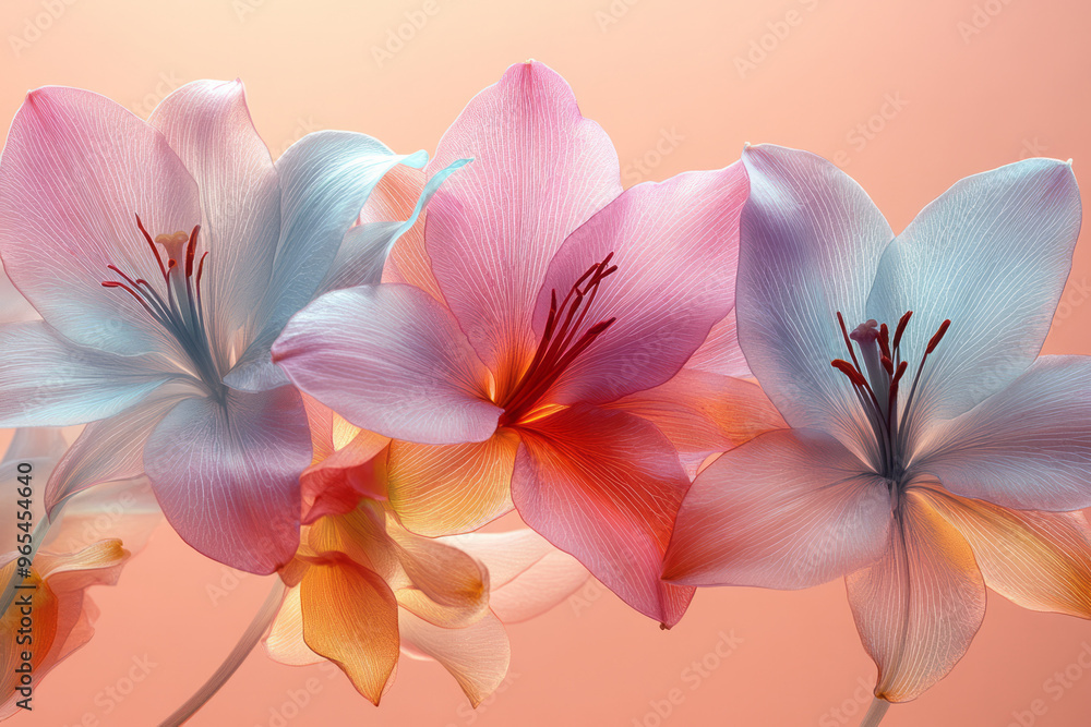 A composition of X-ray lilies with translucent petals in shades of pink, aqua, and yellow, arranged in a flowing pattern, set against a pastel pink background, A composition of X-ray lilies with translucent petals in shades of pink, aqua, and yellow, arranged in a flowing pattern, set against a pastel pink background,