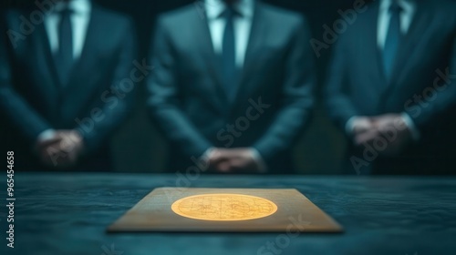 Covert meeting in a shadowy underground room, with only the faint glow of a secret map on the table