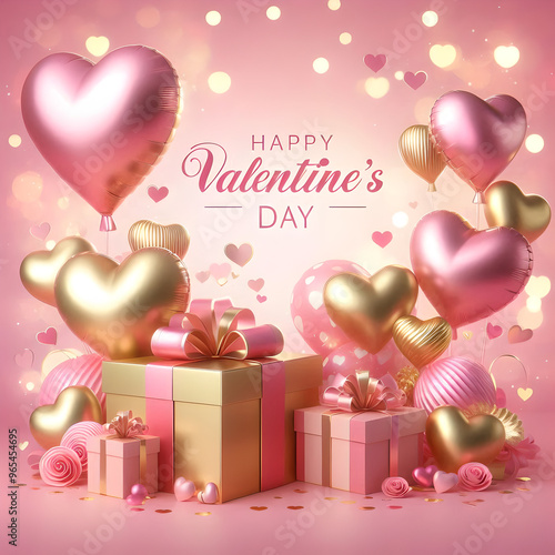 Happy valentines day banner. Pink and gold hearts foil balloons with gifts on pink bokeh Valentines Day background. Romantic banner with Copy Space., generative ai