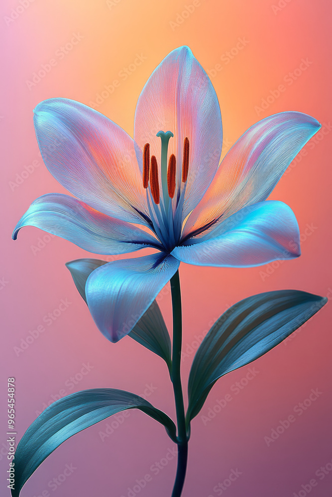 A single X-ray lily with elongated petals in translucent hues of orange, blue, and green, softly glowing against a pastel pink background, A single X-ray lily with elongated petals in translucent hues of orange, blue, and green, softly glowing against a pastel pink background,
