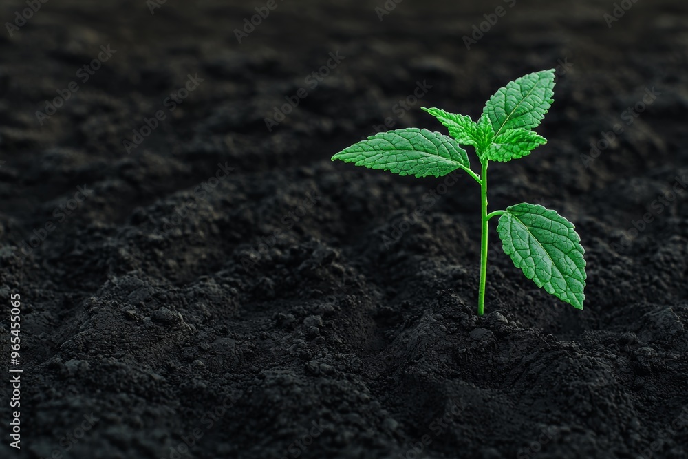 Naklejka premium A young green plant emerging from rich, dark soil, symbolizing growth, renewal, and the beauty of nature.