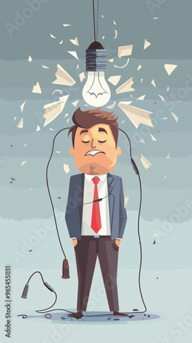 Frustrated Businessman with Broken Light Bulb Symbolizing Financial Crisis and Failure